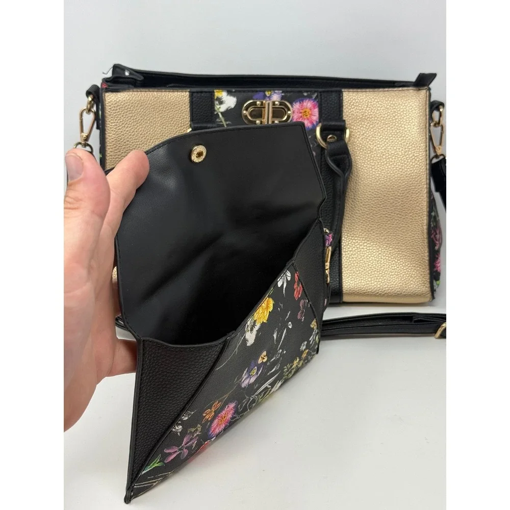 Dasein Floral Butterfly Satchel Handbag 3 Piece Set Black Gold Metallic Vegan